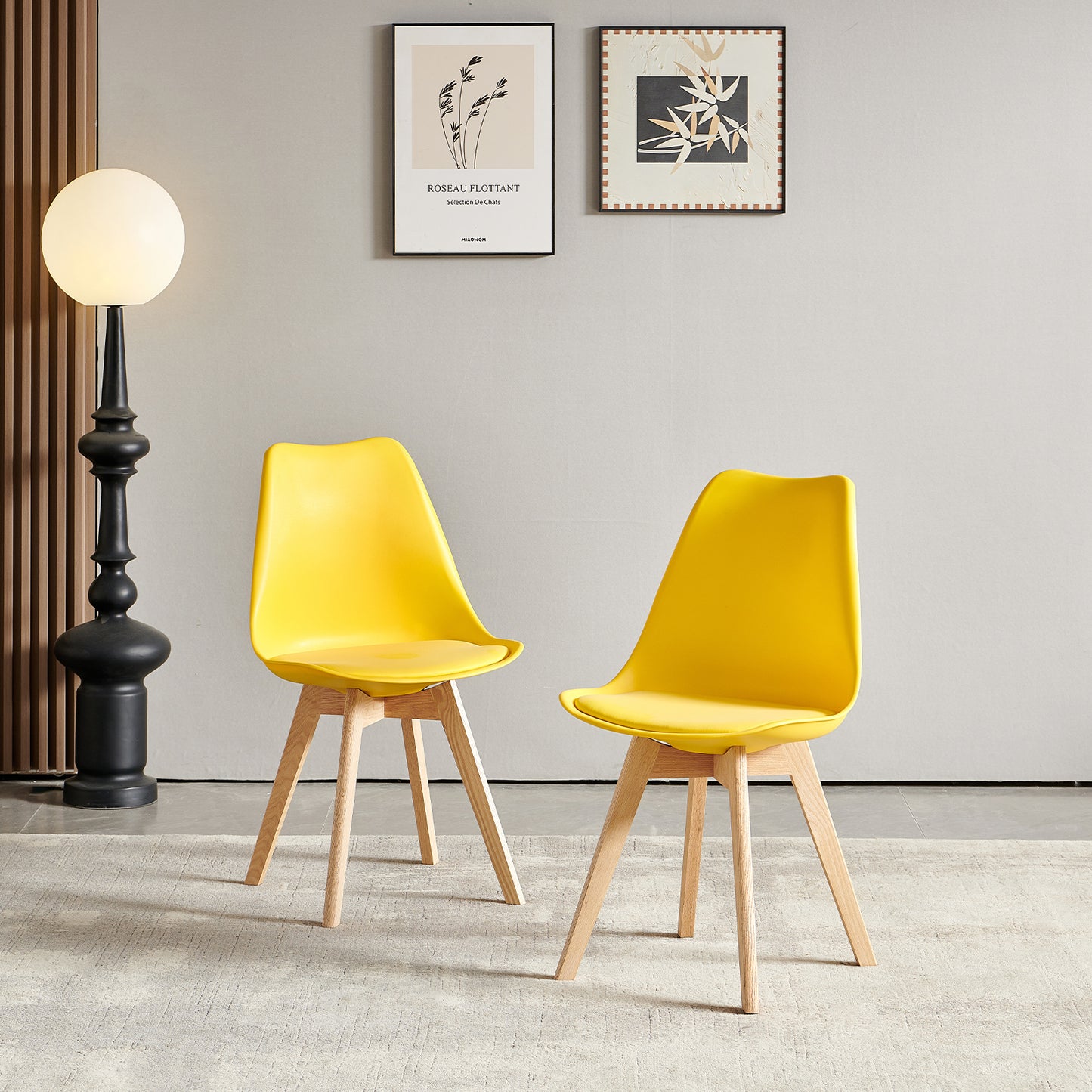 Lot de 2 chaises de cuisine en a manger design contemporain scandinave pieds bois de chene - Jaune