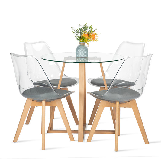 Ensemble de Table et Chaises Scandinave pour 2 à 4 Personnes - Table Ronde en Verre à Pieds en Bois et Lot de 4 Chaises Transparentes au Design Épuré