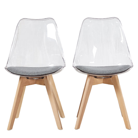 Lot de 2 Chaises Transparentes Scandinave pour Salle a Manger avec Coussin en Tissu et Pieds de Hetre