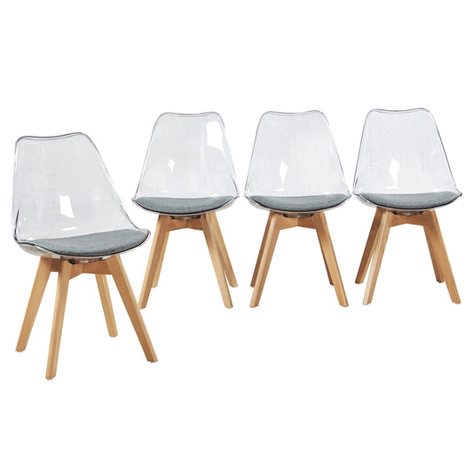 Lot de 4 Chaises Scandinaves Transparentes pour Salle à Manger avec Coussins en Tissu et Pieds en Hêtre