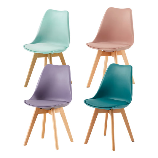 Lot de 4 Chaises Rétro Rembourrées pour Salle à Manger, Cuisine, Bureau, Pieds en Bois de Hêtre Massif - Couleurs Mélangées
