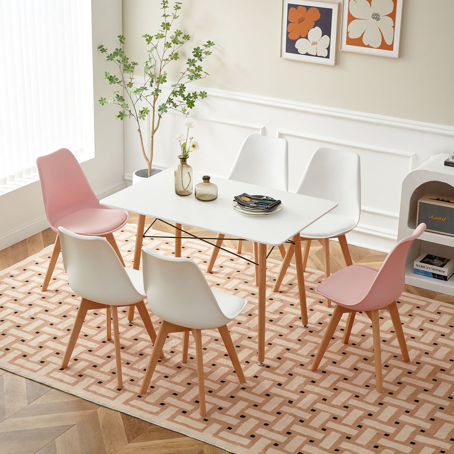 Lot de 6 chaises Scandinaves au design contemporain pour salle à manger - Mélange de couleurs 4 Blanc + 2 Rose