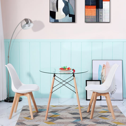 Ensemble de Table et Chaises Scandinave - Table Ronde en Verre avec Pieds en Bois et 2 Chaises Blanches au Design Épuré, Dimensions 54x54x82cm