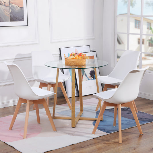 Ensemble de Table et Chaises de Style Scandinave - Table Ronde Transparente Φ80*75cm et 4 Chaises Blanches Élégantes 46x43x83cm