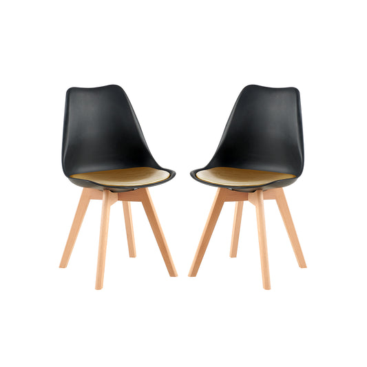 Lot de 2 Chaises de Cuisine Rétro Rembourrée Chaise de Salle de Bureau, Pieds en Bois de Hêtre Massif--Noir+Or