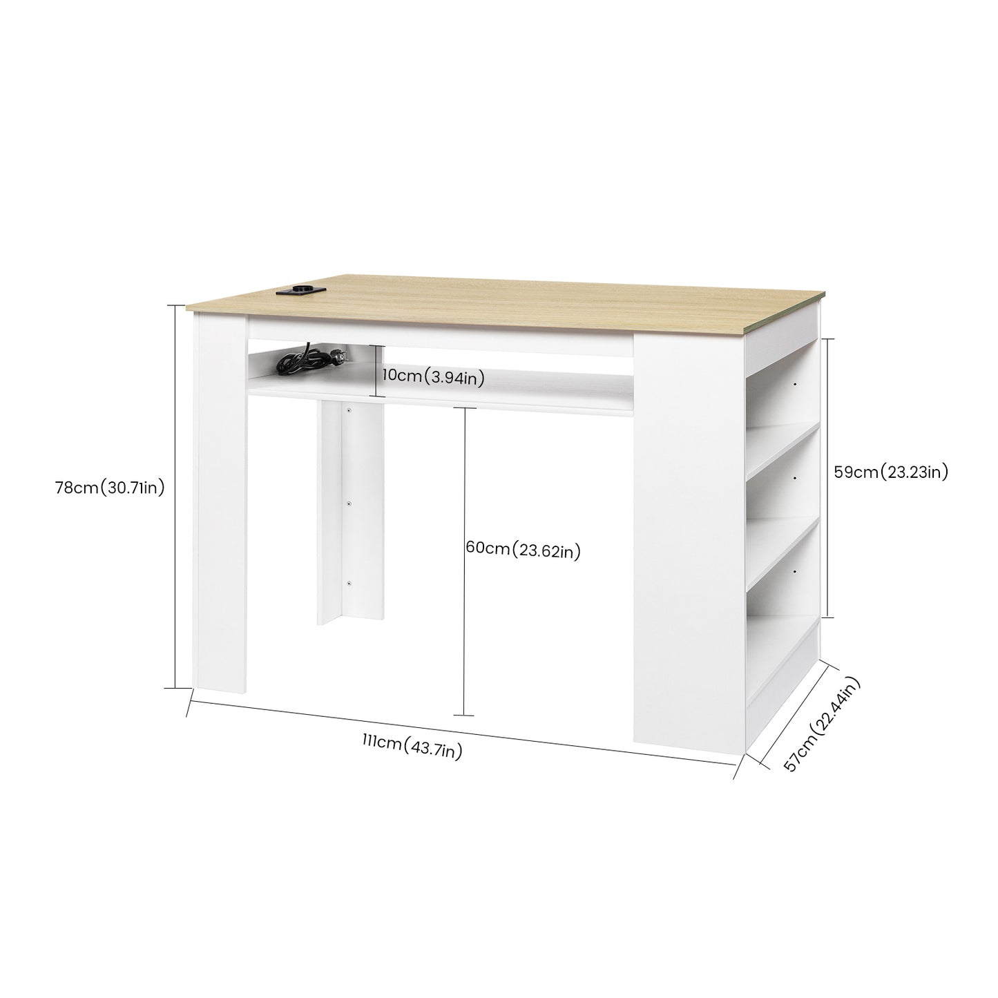 Bureau pour ordinateur avec prise de courant 110-250 V/16 A et 2 ports USB, étagère latérale réglable, 110 x 60 x 78 cm, charge maximale 50 kg, chêne et blanc, idéal pour bureau à domicile et espace de travail