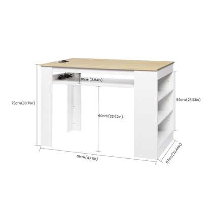 Bureau pour ordinateur avec prise de courant 110-250 V/16 A et 2 ports USB, étagère latérale réglable, 110 x 60 x 78 cm, charge maximale 50 kg, chêne et blanc, idéal pour bureau à domicile et espace de travail