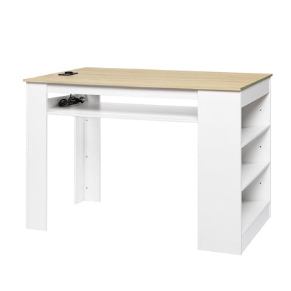 Bureau pour ordinateur avec prise de courant 110-250 V/16 A et 2 ports USB, étagère latérale réglable, 110 x 60 x 78 cm, charge maximale 50 kg, chêne et blanc, idéal pour bureau à domicile et espace de travail