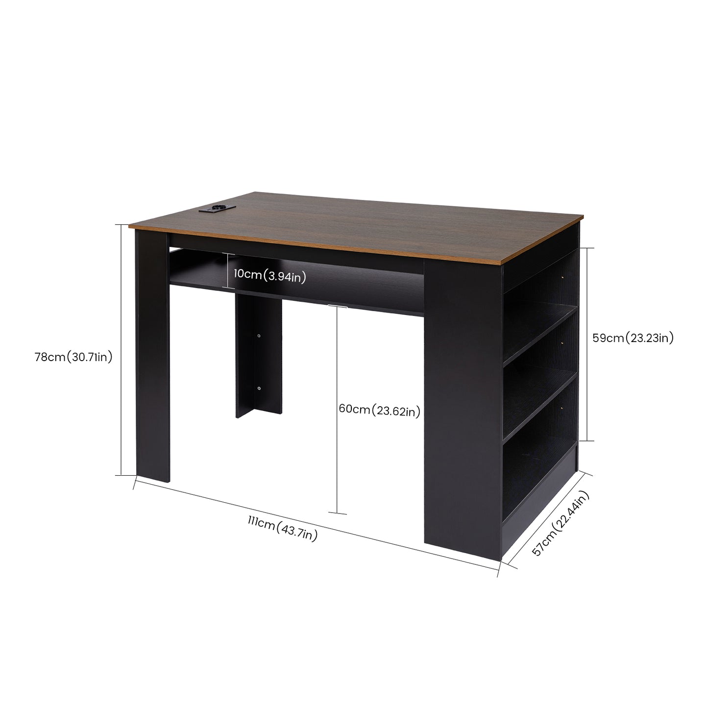Bureau moderne avec prise électrique intégrée et ports USB, étagère réglable en hauteur, structure en MDF solide, 110 x 60 x 78 cm, charge maximale 50 kg, facile à nettoyer, noyer et noir, idéal pour espace de travail