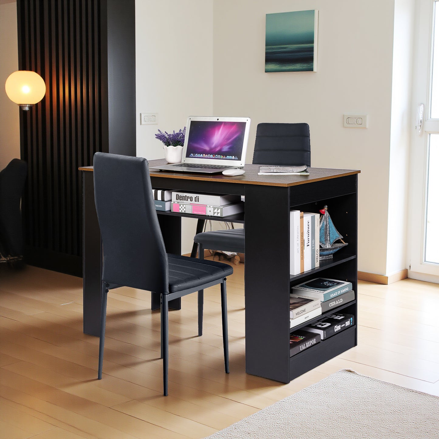 Bureau moderne avec prise électrique intégrée et ports USB, étagère réglable en hauteur, structure en MDF solide, 110 x 60 x 78 cm, charge maximale 50 kg, facile à nettoyer, noyer et noir, idéal pour espace de travail