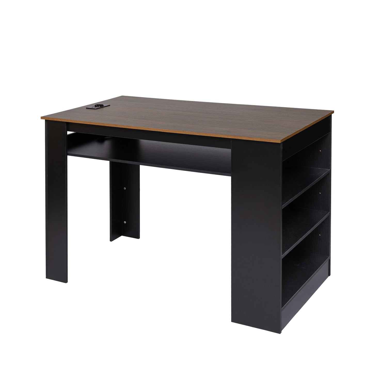Bureau moderne avec prise électrique intégrée et ports USB, étagère réglable en hauteur, structure en MDF solide, 110 x 60 x 78 cm, charge maximale 50 kg, facile à nettoyer, noyer et noir, idéal pour espace de travail