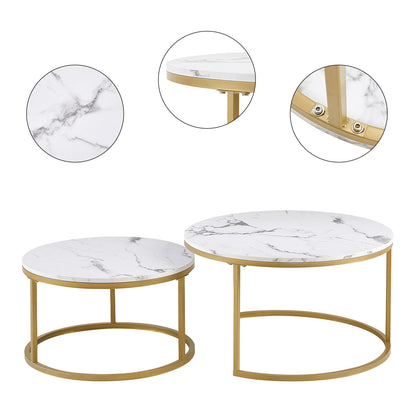 Lot de 2 table basse marbre-table basse gigogne Ronde-table salon-80x45cm/60x35cm-cadre en métal doré