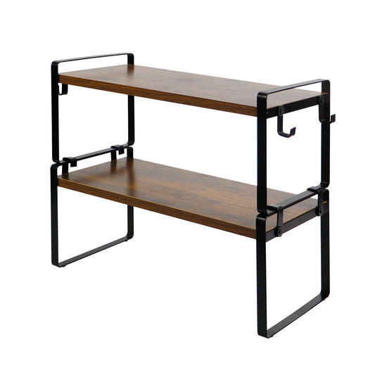 Étagère à 2 niveaux avec 8 crochets en fer, Organiseur de rangement polyvalent et robuste pour cuisine, 40x20x18 cm--Marron