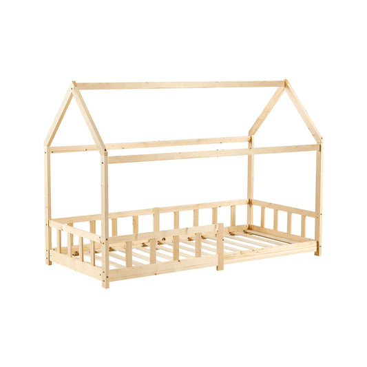 Lit Cabane Enfant, Bois Naturel- 90 x 190 cm - Couleur bois