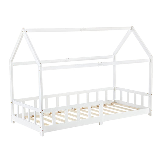 Lit Cabane Enfant, Bois Naturel- 90 x 190 cm - Blanc