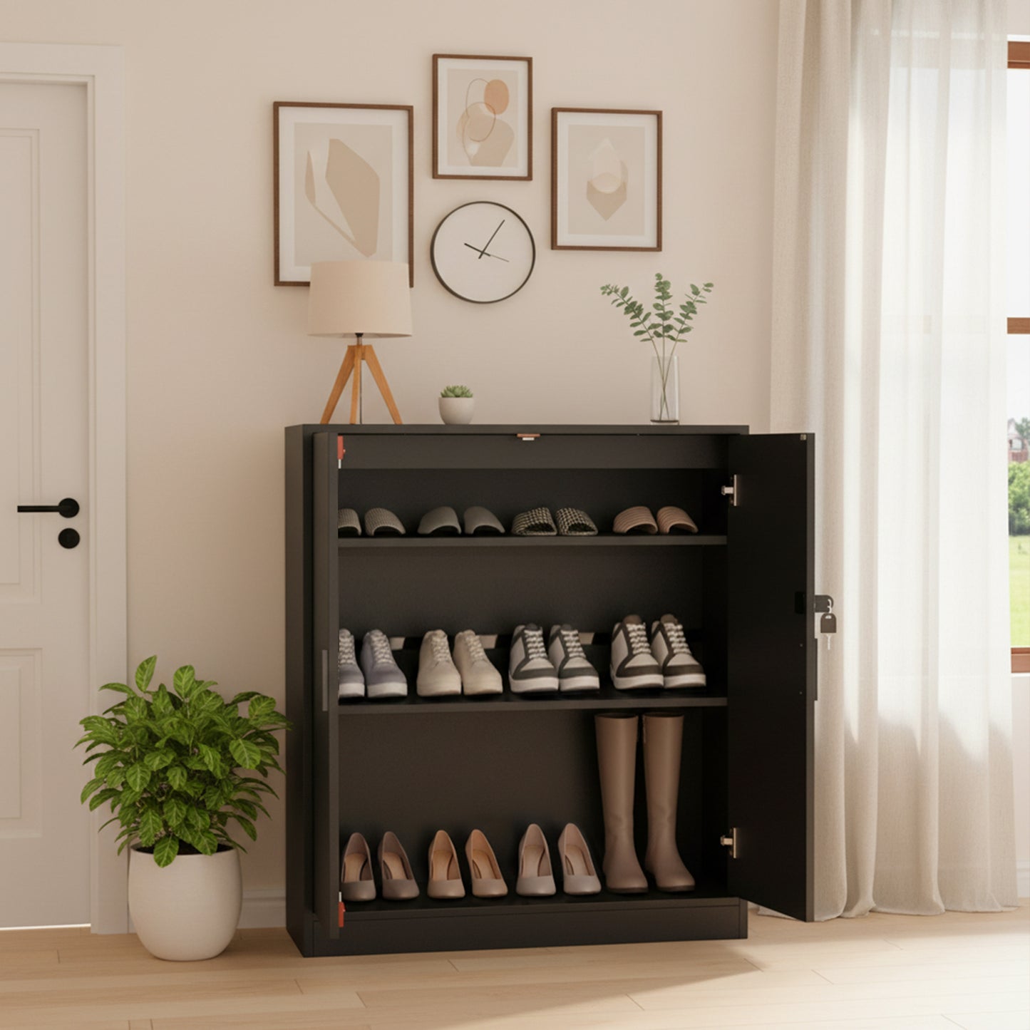 Armoire Bureau, Meuble Rangement Bureau Fermant à clé avec 2 Porte, 15mm Armoire de Rangement, Placages Réglables, Noir