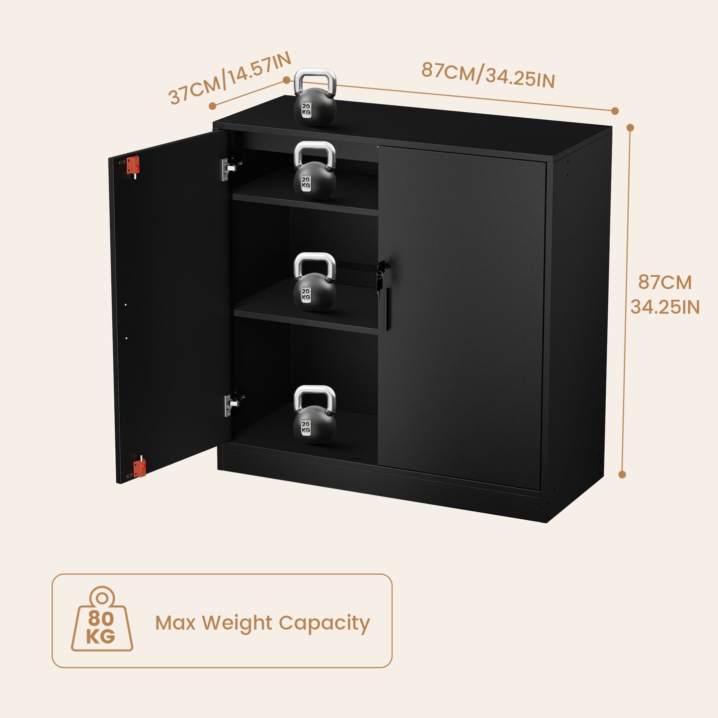 Armoire Bureau, Meuble Rangement Bureau Fermant à clé avec 2 Porte, 15mm Armoire de Rangement, Placages Réglables, Noir