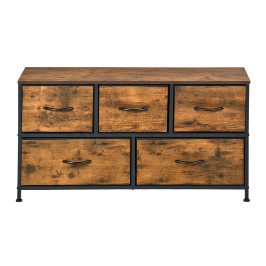 Buffet industriel 5 tiroirs, buffet 5 tiroirs en tissu non tissé, meuble de rangement pour salon, cuisine, salle à manger, 100x 30 x 53 cm--Marron